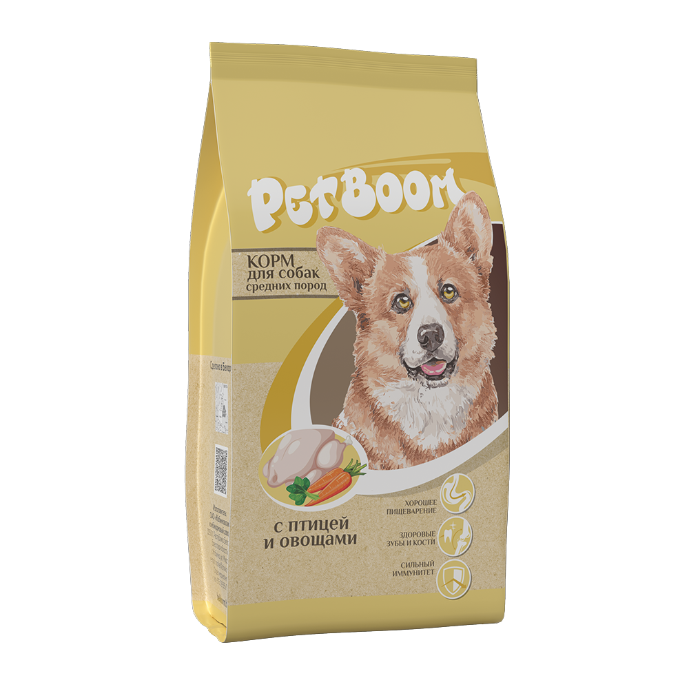 «PetBoom» корм сухой для взрослых собак средних пород с птицей и овощами
